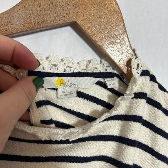 BODEN Crochet Trim Collar Long Sleeve Top US 6 Cream Navy Blue Striped Cotton - Picture 9 of 10